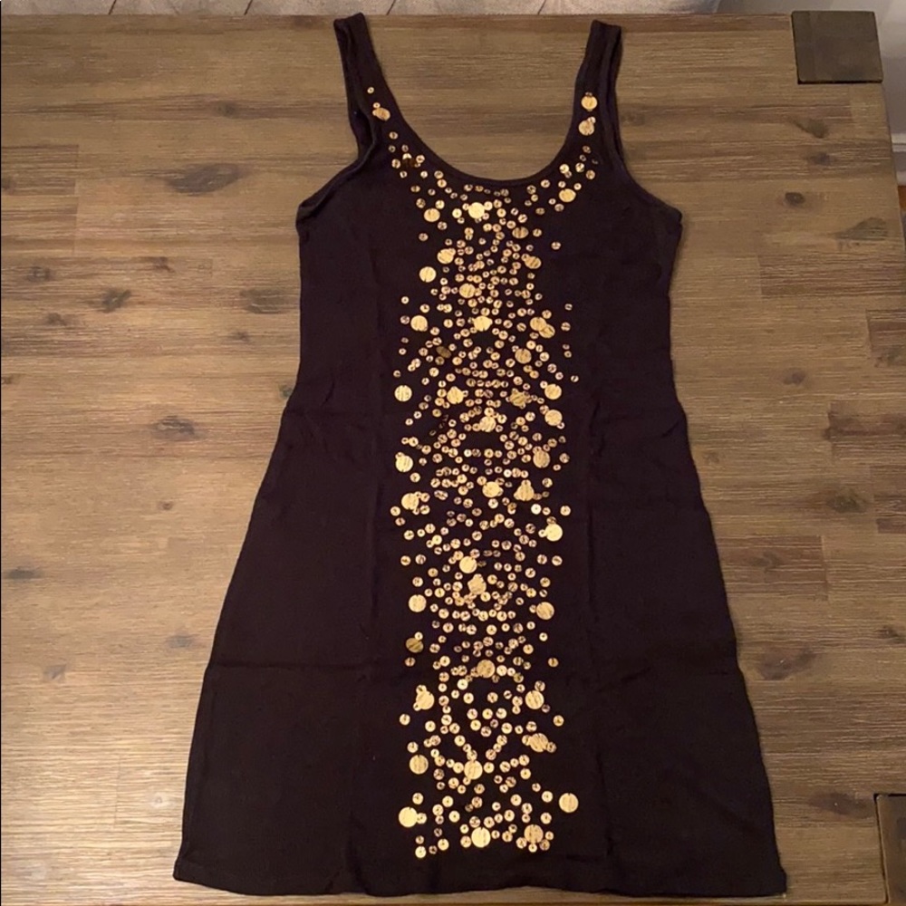 Black Ribbed Tank Top Dress, Matte Gold Sequin